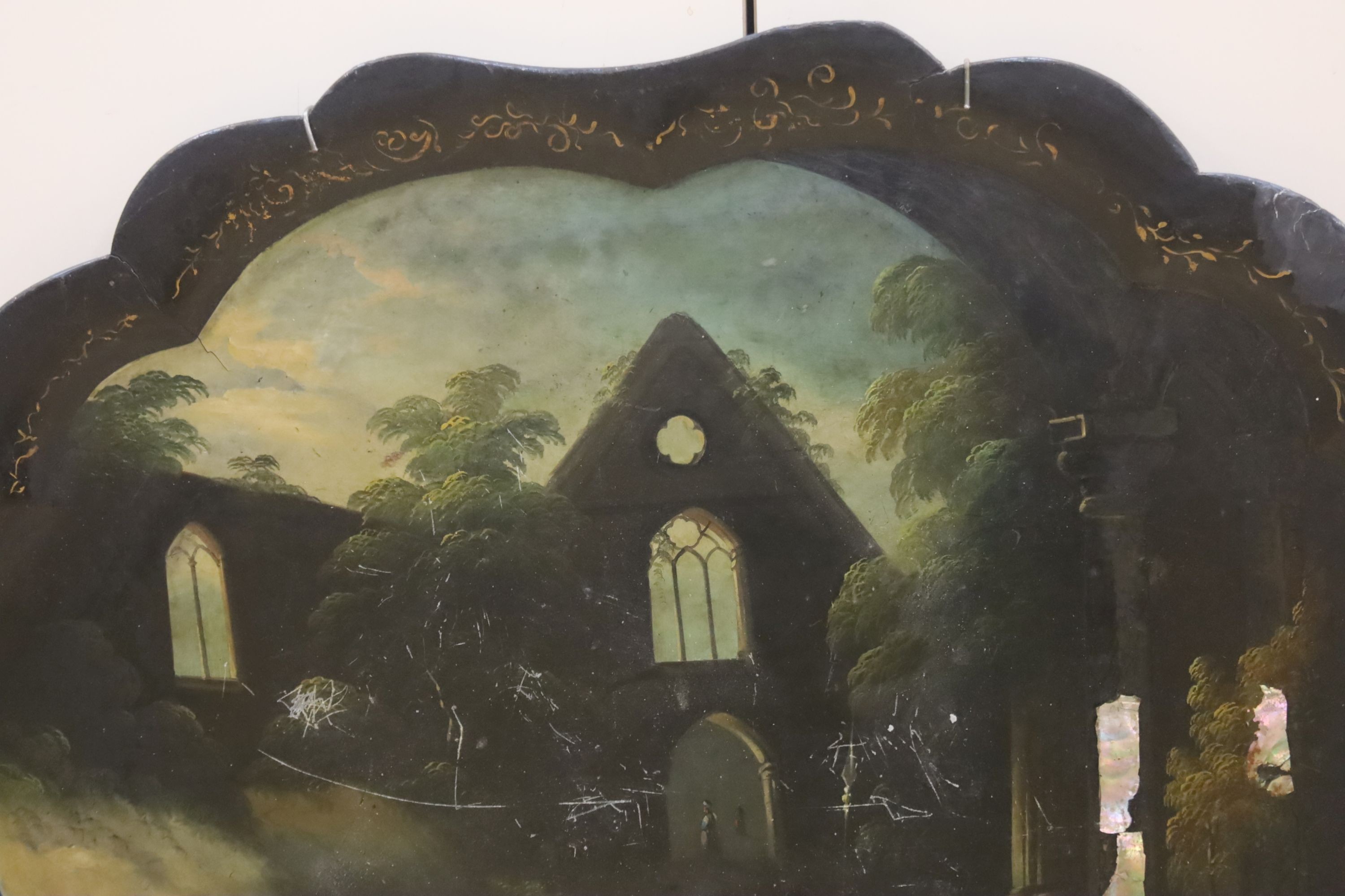 A Victorian papier mache tray, painted with Orientalist figures amongst ruins, 75cm (a.f.)